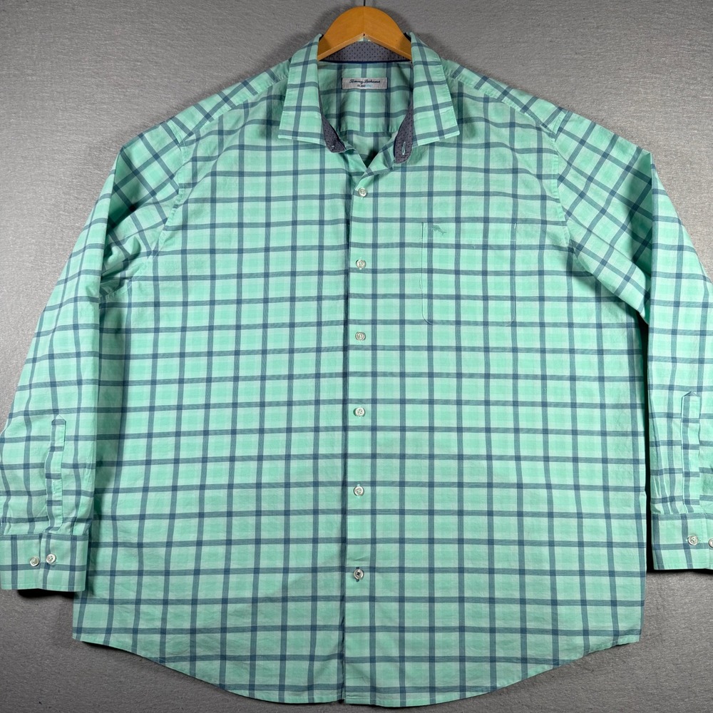 Tommy Bahama IslandZone Mens XXXL Mint Green Plaid Pima Cotton Button Down Shirt